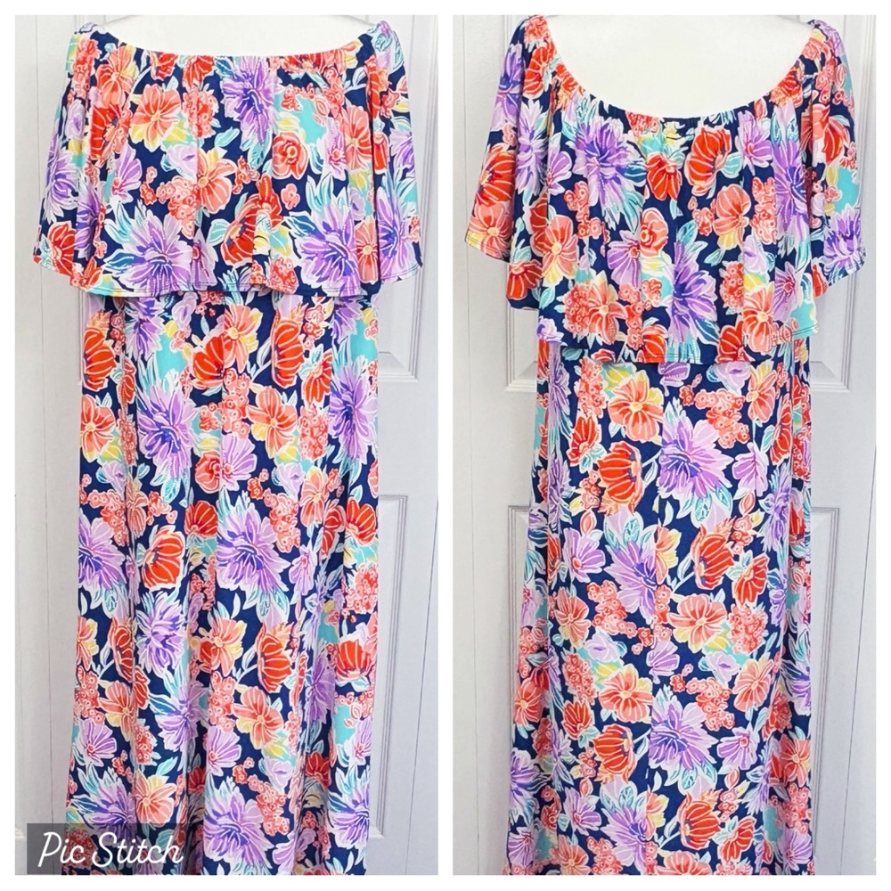 NWT Ellen Weaver Colorful Wild Floral Off Shoulder Stretch Maxi Dress 2X
